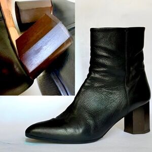 THEORY BLACK LEATHER BOOTIES Size EU 39.5 unique hexagonal block heel